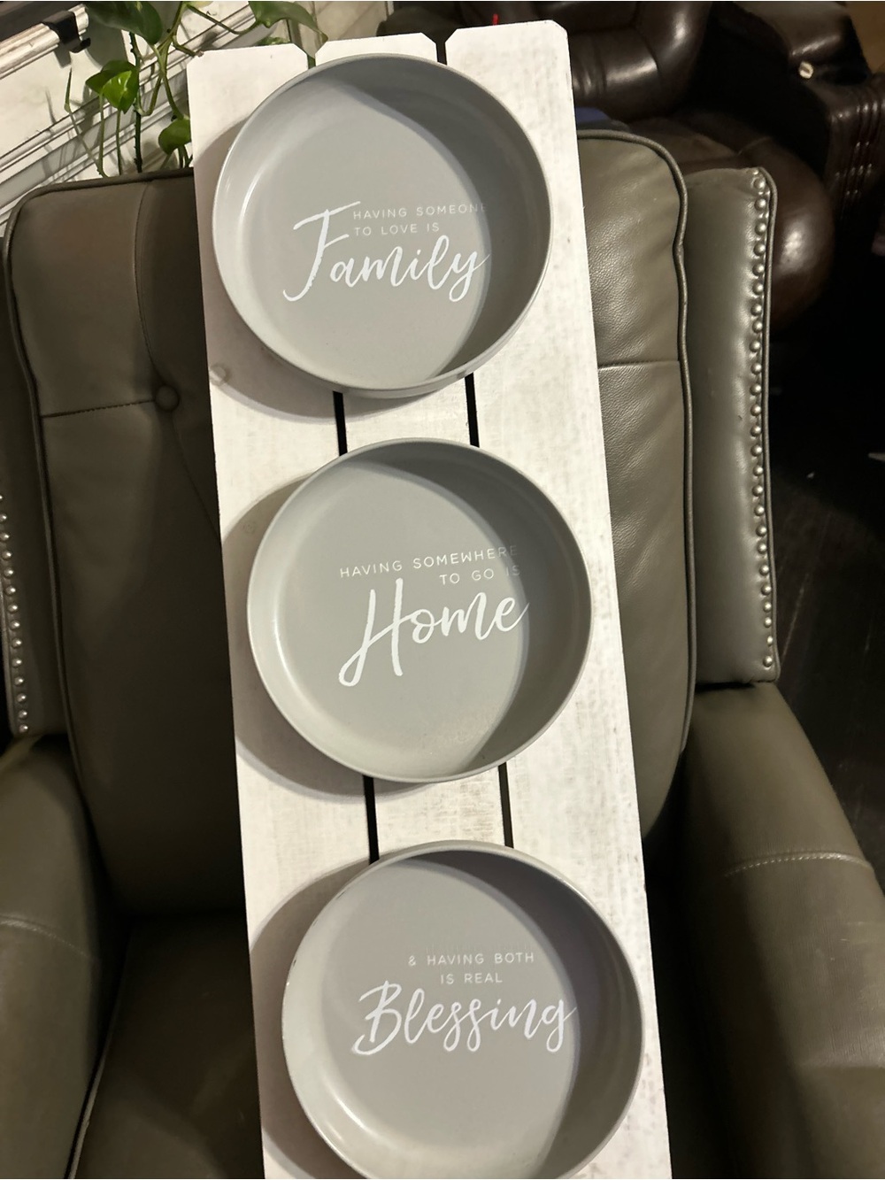 Gray tin  Trio Wall-Mounted Bowls with Family, Home & Blessing Script